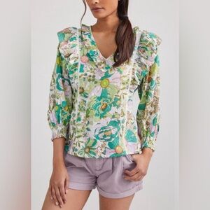 NWT. Anthropologie Floral Ruffle boho cotton cottagecore Blouse Sz S.